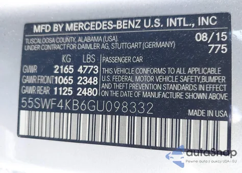 2016 Mercedes-Benz C 300 из США, поврежденный, VIN 55SWF4KB6GU098332